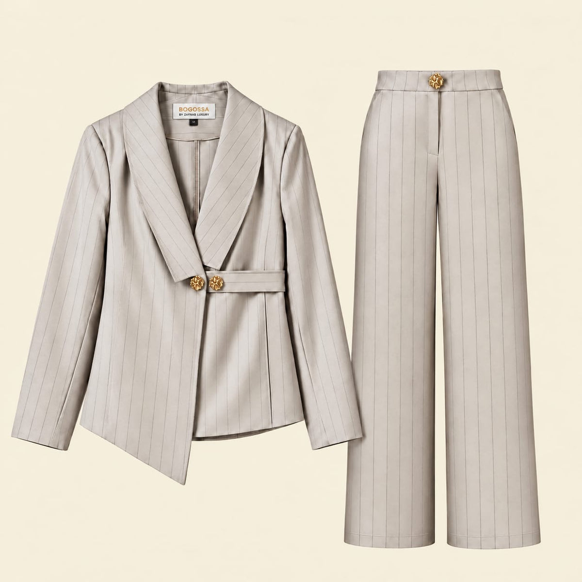 Elegant Taupe clear Tailored Suit Set with Fine Grey Pinstripes