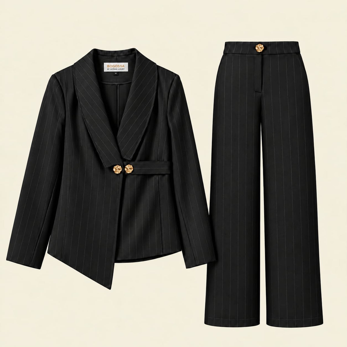 Elegant Black Tailored Suit Set with Fine Black Pinstripes