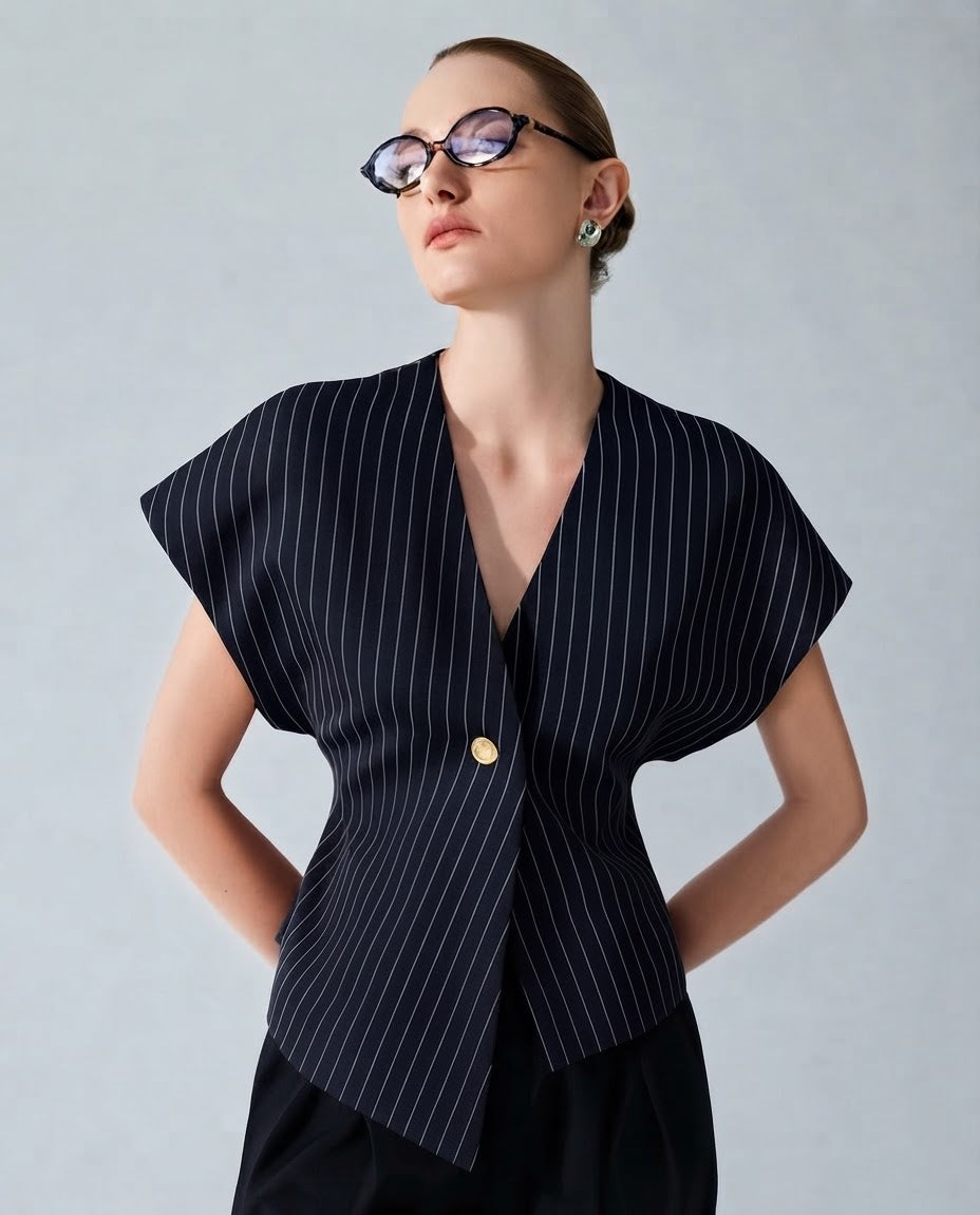 Bogossa Signature Sleeveless Pinstripe Blazer – Elegance in Every Stitch