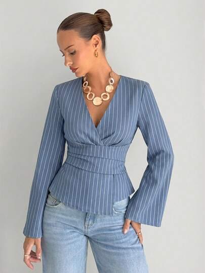 Bogossa Blue Horizon Pinstripe Wrap Top – Effortless Chic
