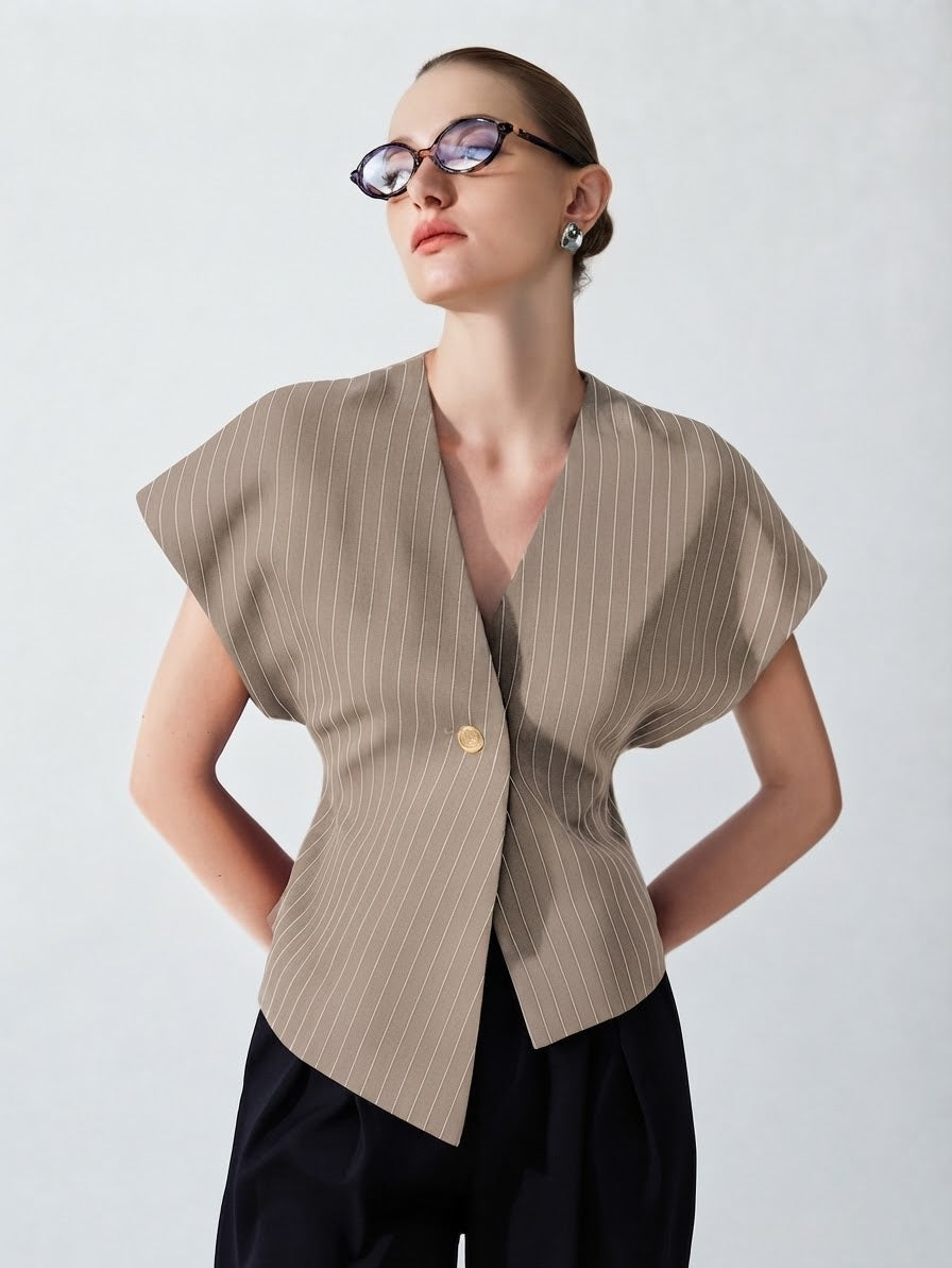 Bogossa Signature Sleeveless Pinstripe Blazer – Elegance in Every Stitch